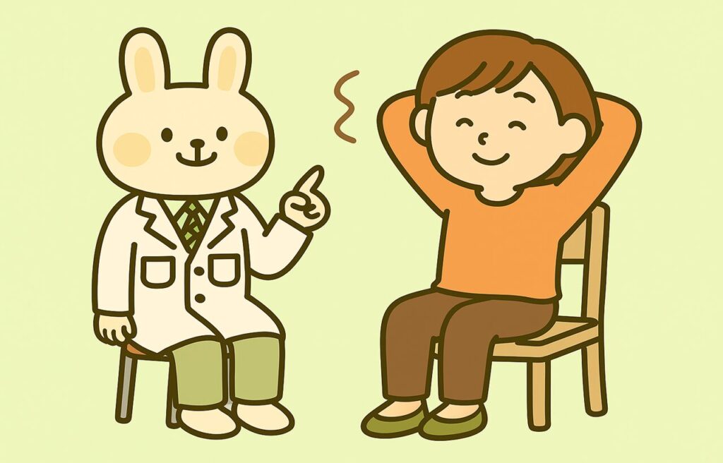 薬剤師のうさぎキャラクター・みどりんが、椅子に座ったすずちゃんにストレッチの方法をやさしく教えているイラスト。明るく安心感のある雰囲気で、無理せず運動に取り組む様子を描いている。